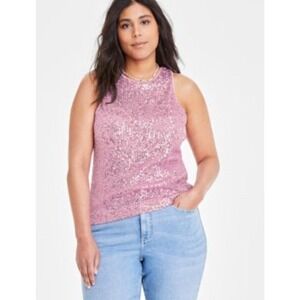 Womens NWT‎ On * 34Th Pink Sequin Lined Eyelet Tank Top Shirt